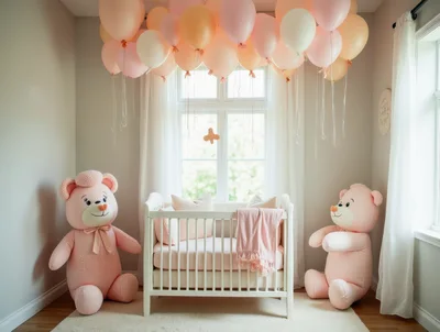 Nursery Room With Pink Teddy Bears And Balloons