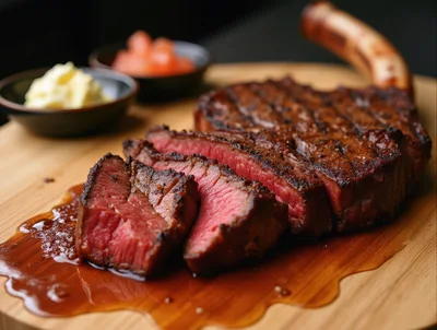 Sliced Tomahawk Steak Served On A Wooden Board