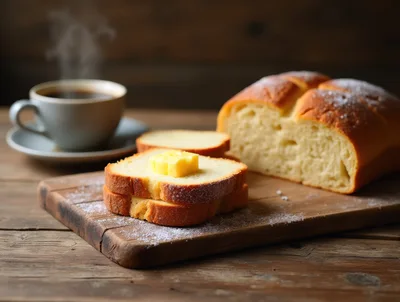 Freshly Baked Bread With Butter And Coffee