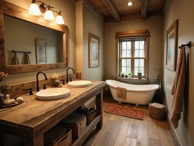 Rustic Bathroom Interior With Double Vanity And Bathtub