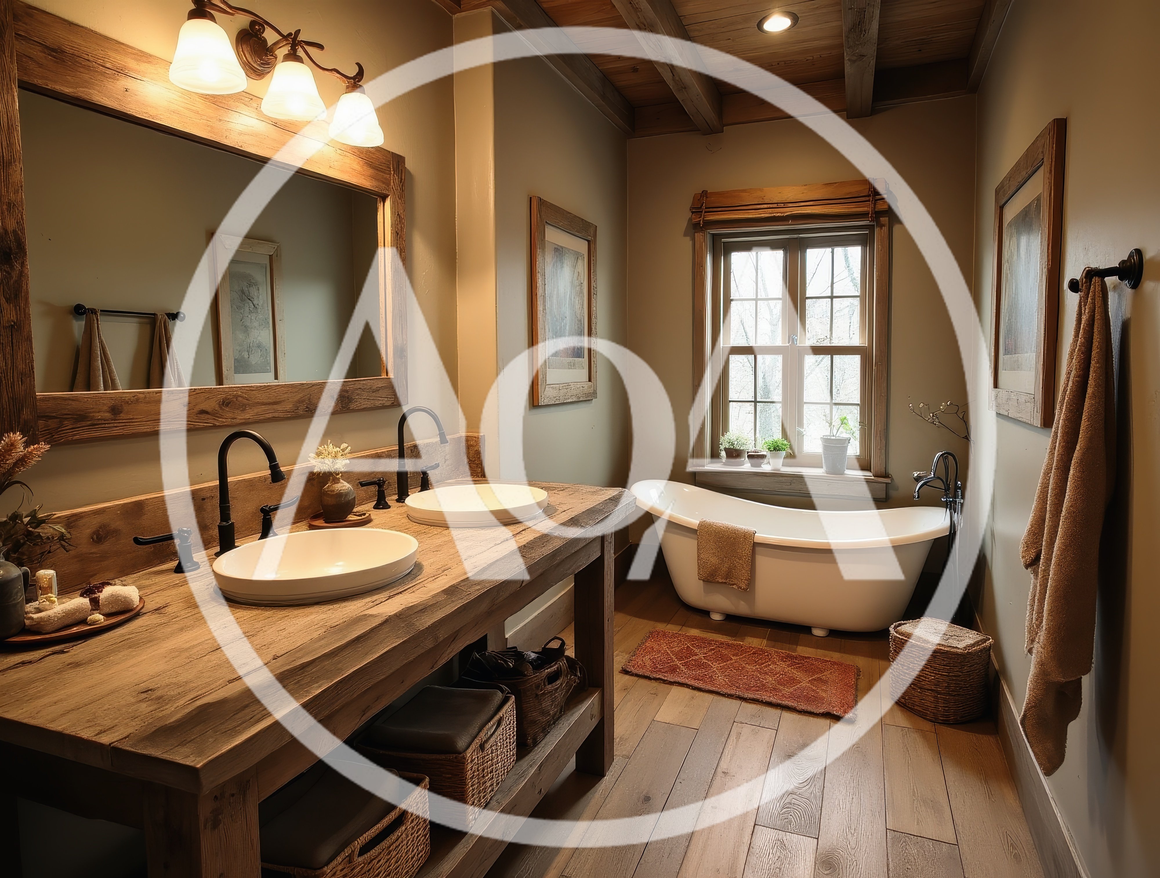 Rustic Bathroom Interior With Double Vanity And Bathtub