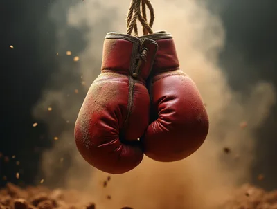 Pair Of Worn Red Boxing Gloves Hanging In Dust