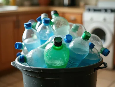 Plastic Bottles Filled With Blue Liquid In A Bucket