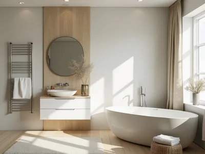 Modern Minimalist Bathroom Interior With Bathtub And Vanity