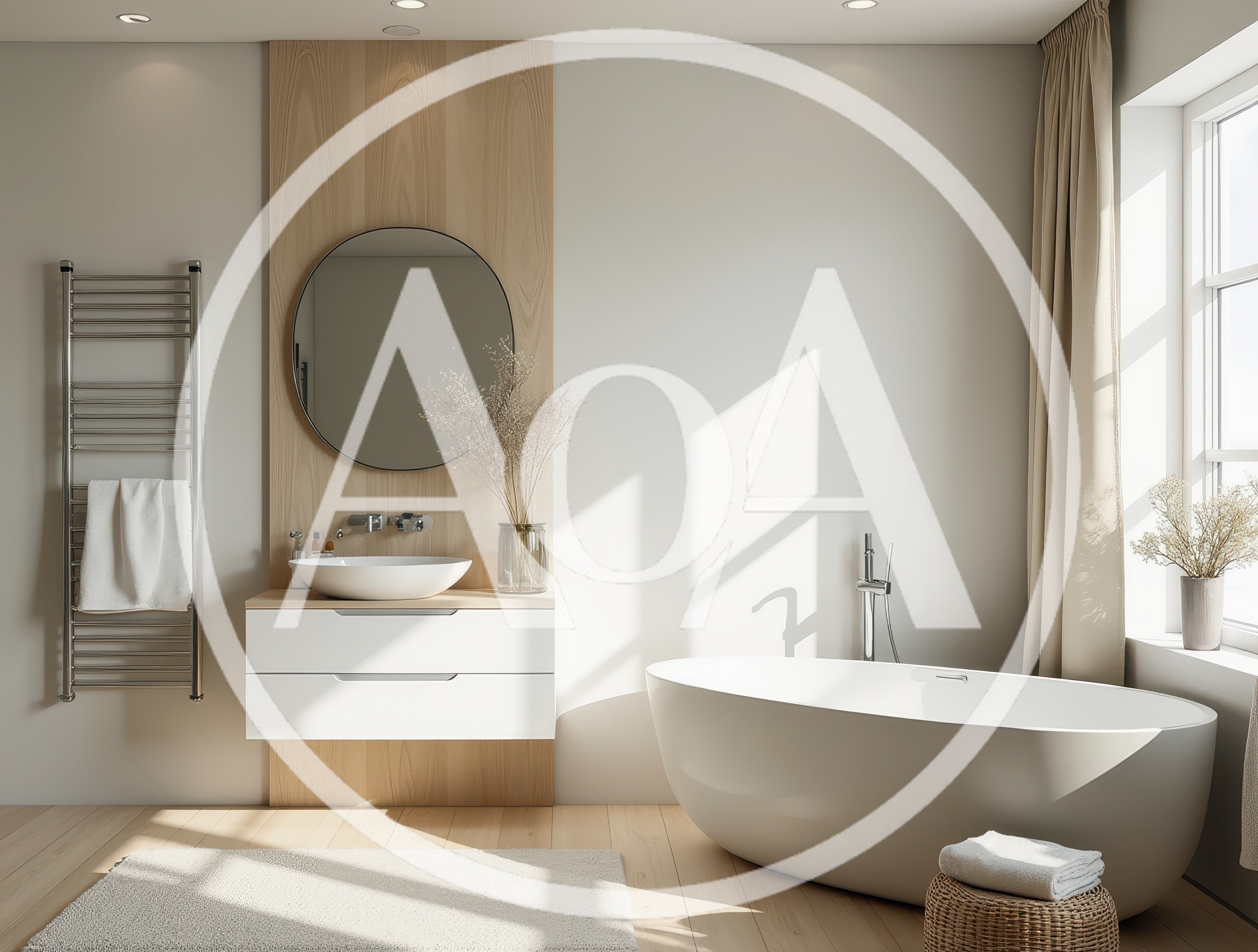 Modern Minimalist Bathroom Interior With Bathtub And Vanity