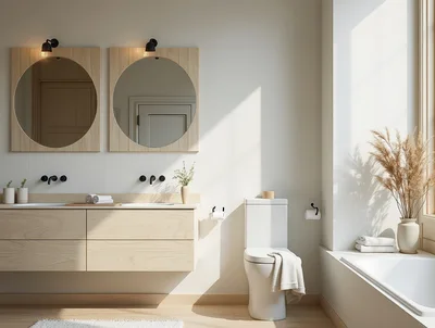 Modern Minimalist Bathroom Interior With Wooden Vanity