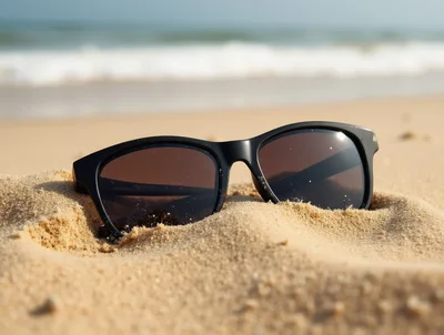 Black Sunglasses Resting In Sand On A Sunny Beach