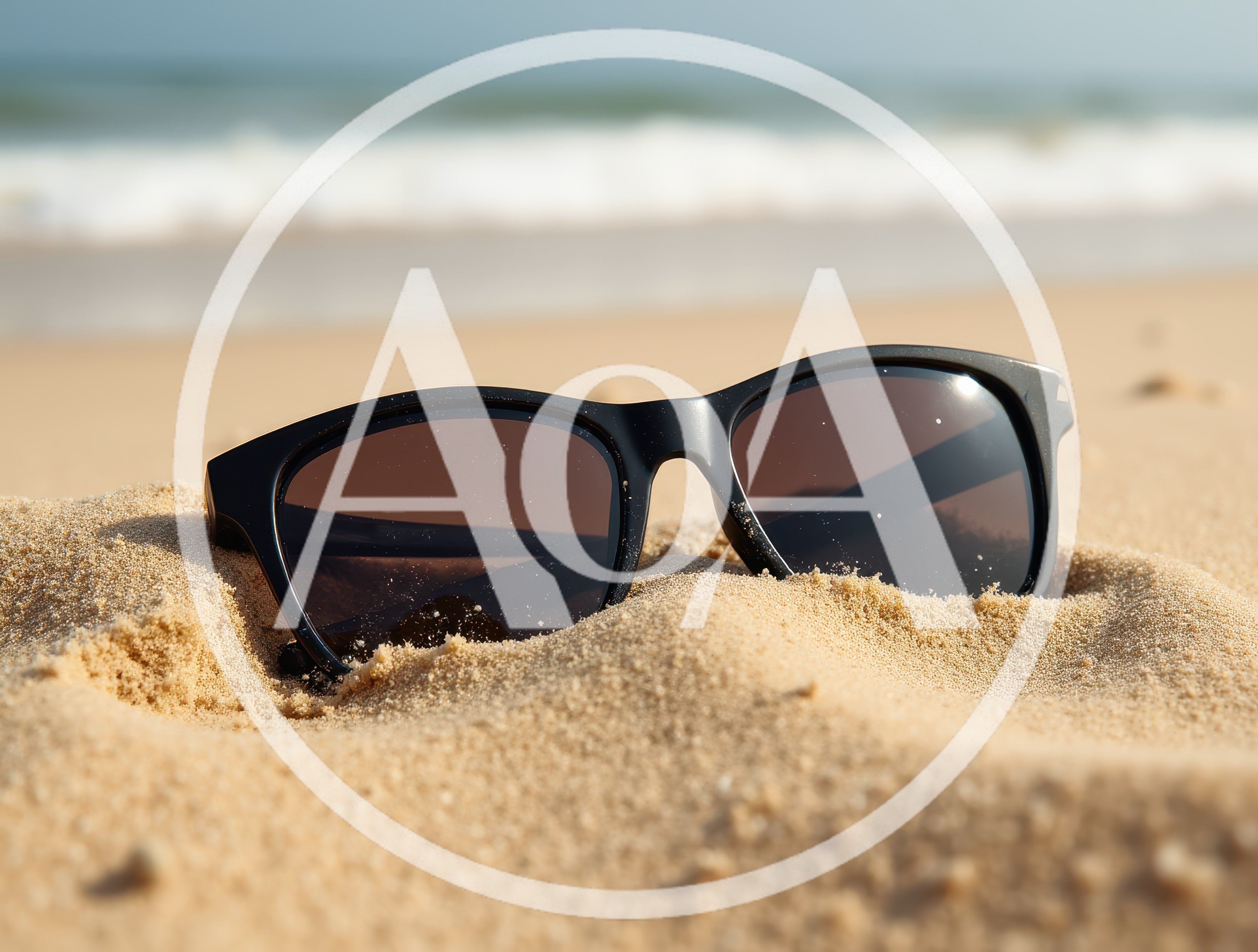 Black Sunglasses Resting In Sand On A Sunny Beach