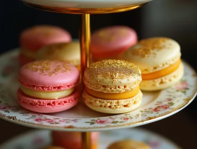 Elegant Macarons On A Tiered Floral Serving Stand