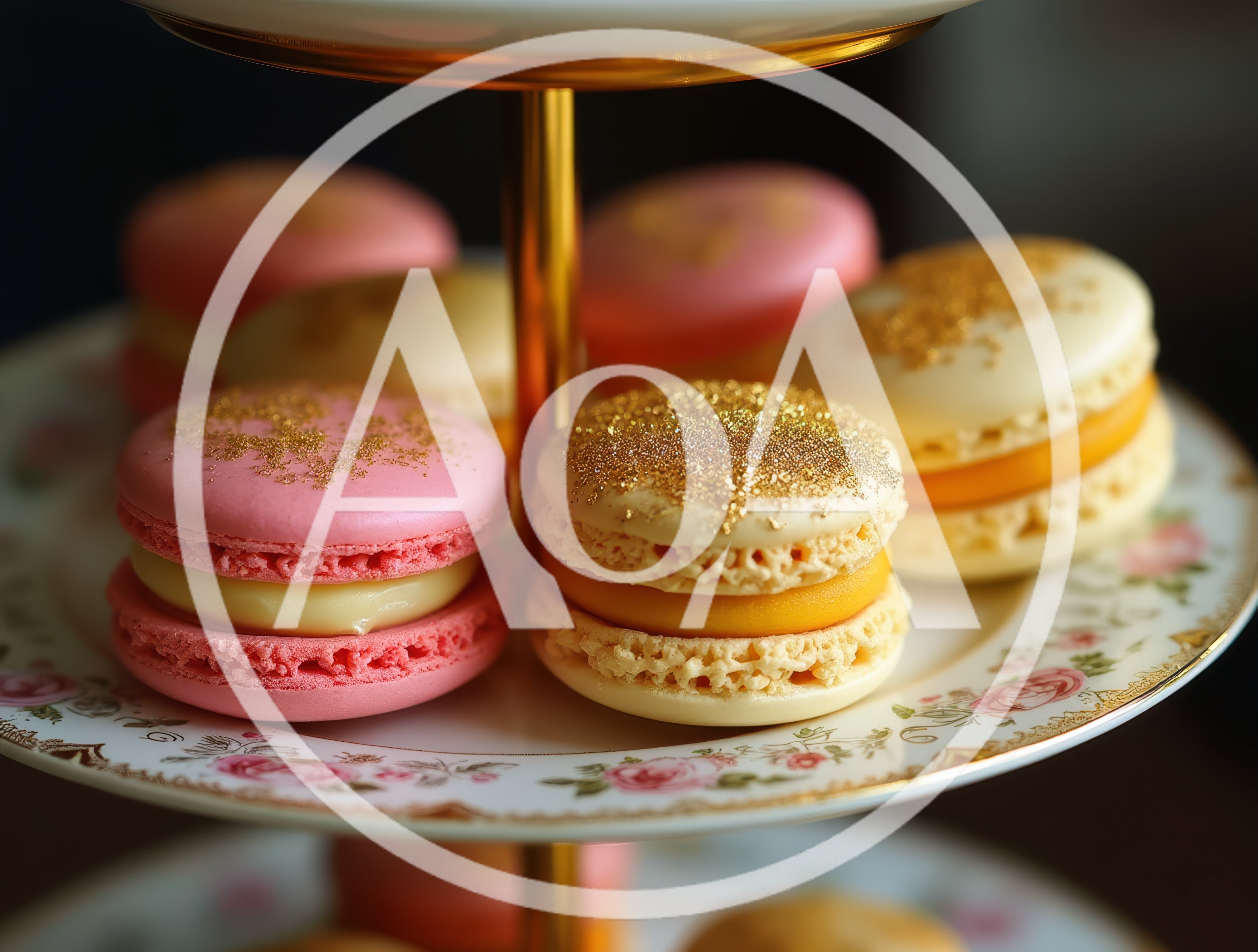 Elegant Macarons On A Tiered Floral Serving Stand