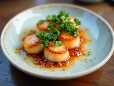 Seared Scallops With Herb Garnish In Sauce