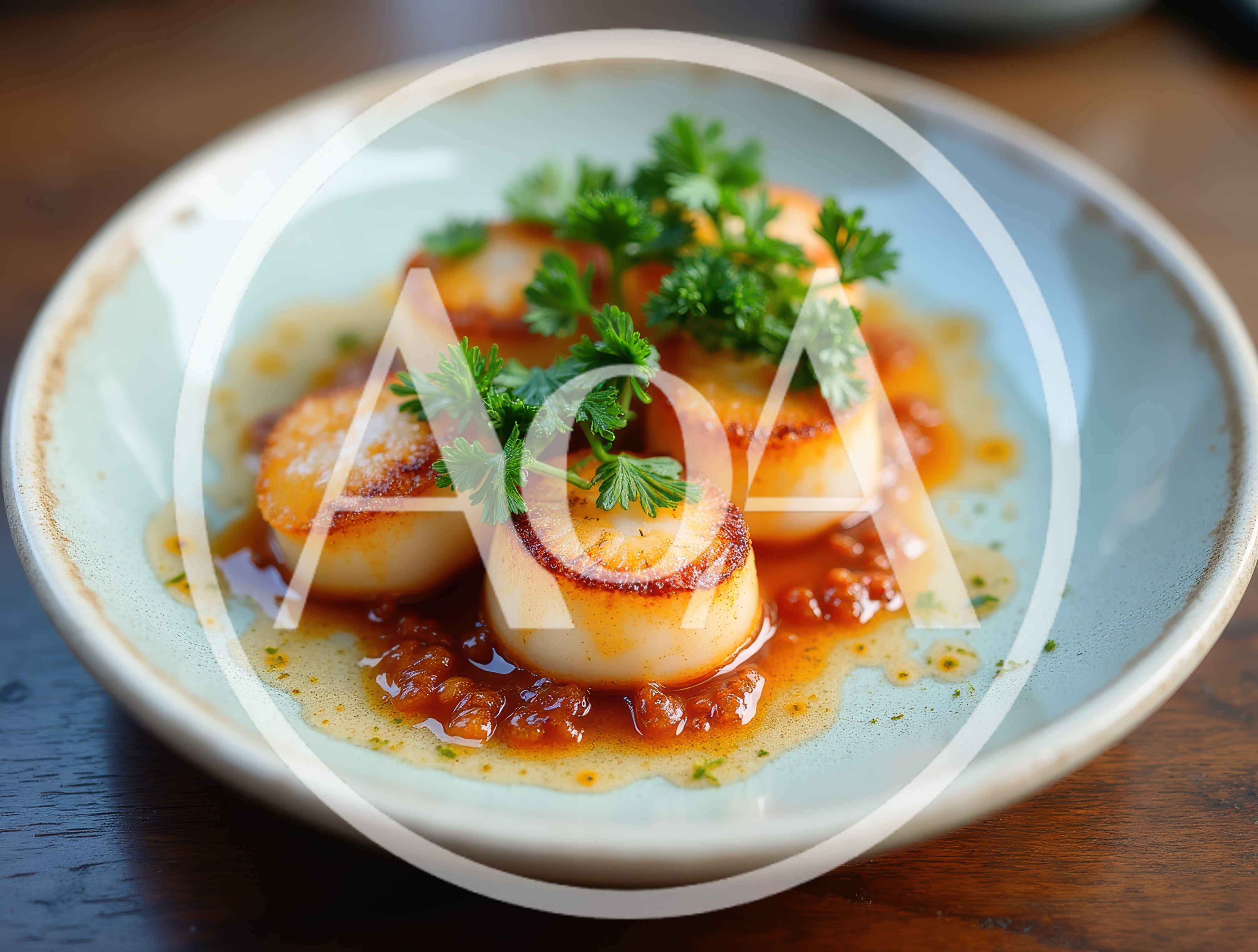 Seared Scallops With Herb Garnish In Sauce