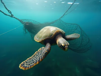 Sea Turtle Trapped in Abandoned Fishing Net