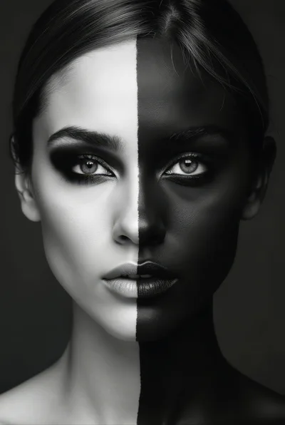 Portrait Of A Woman With Split Black And White Face