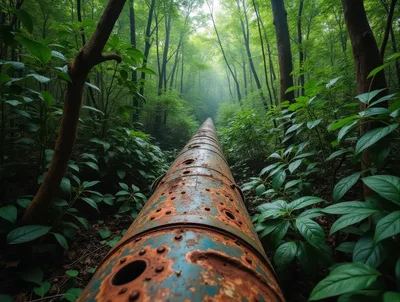 Rusty Industrial Pipeline Through A Lush Green Forest