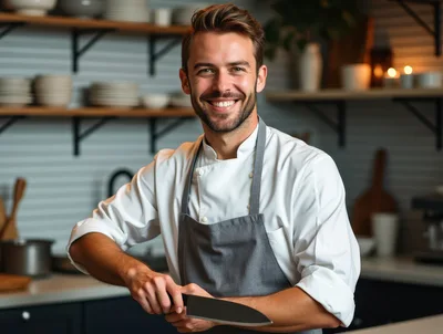 Professional Chef Holding A Kitchen Knife In A Restaurant Kitchen