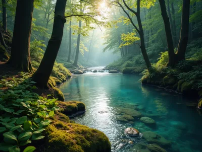 Sunlit Forest Stream With Mossy Banks