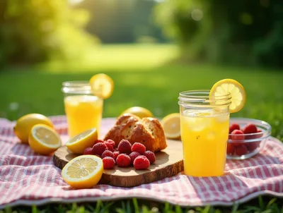 Summer Picnic With Lemonade And Fresh Raspberries