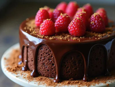 Chocolate Ganache Cake Topped With Fresh Raspberries