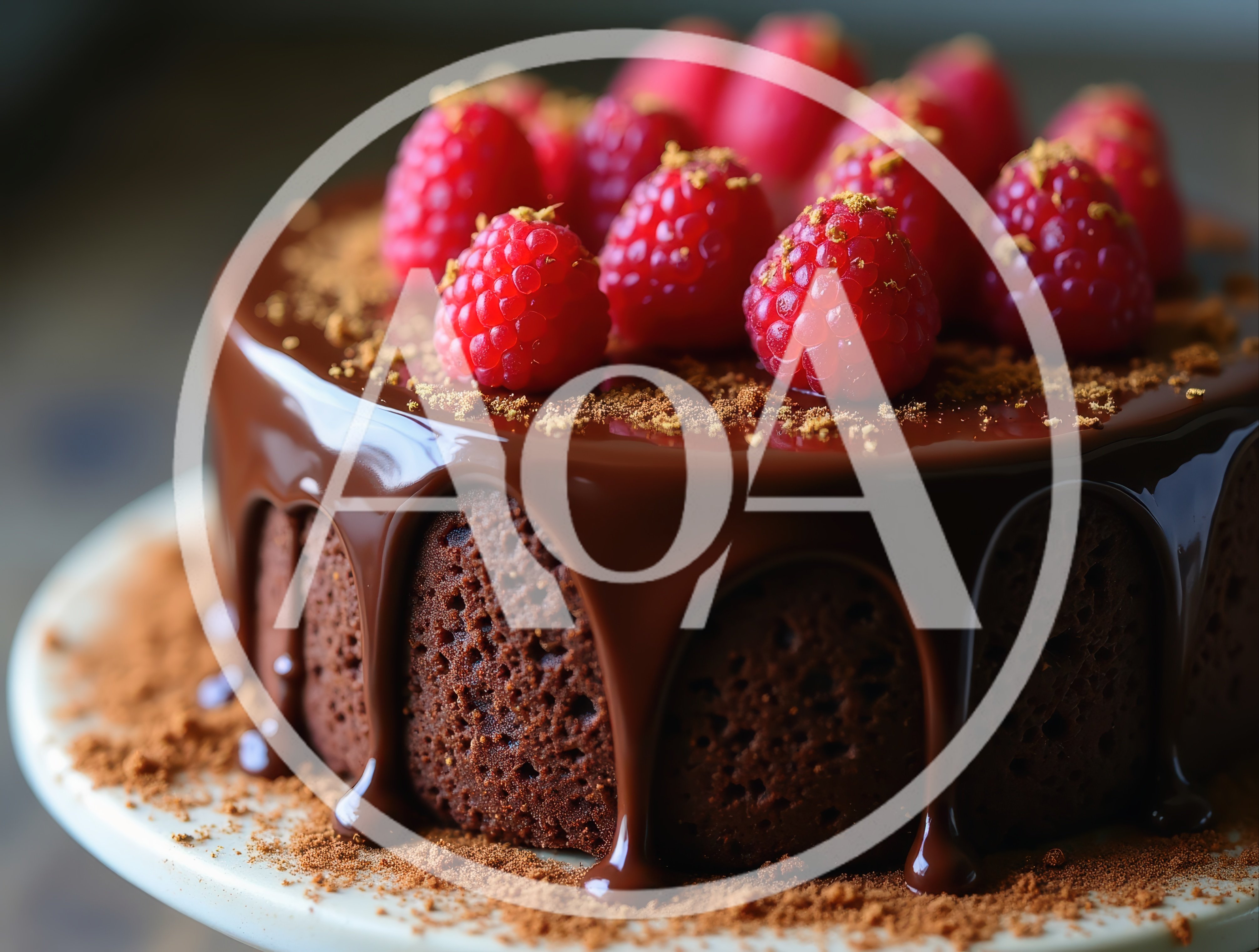 Chocolate Ganache Cake Topped With Fresh Raspberries
