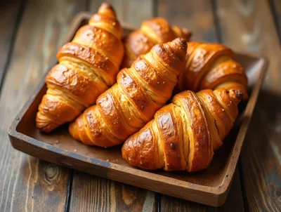 Fresh Golden Croissants In A Wooden Tray