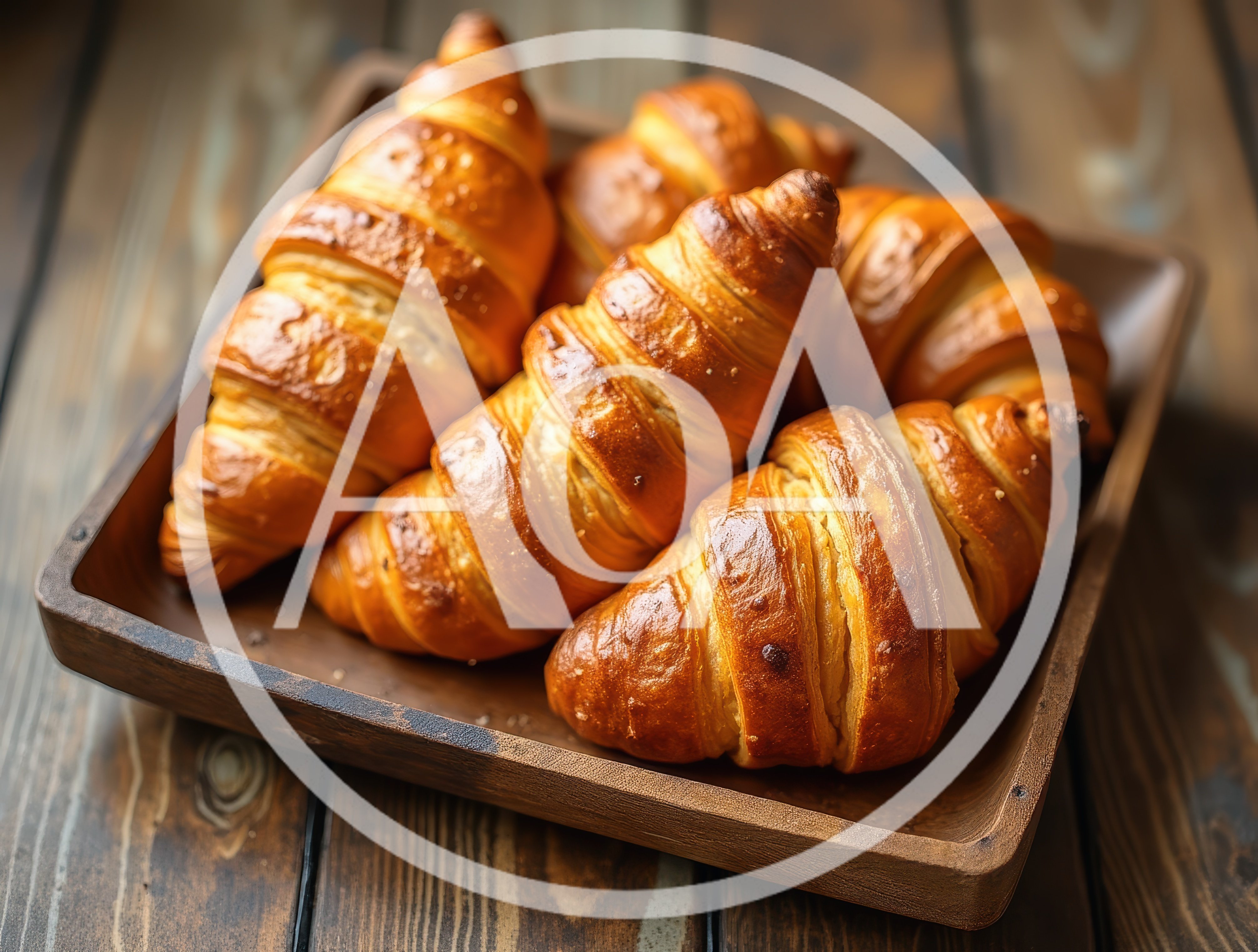 Fresh Golden Croissants In A Wooden Tray
