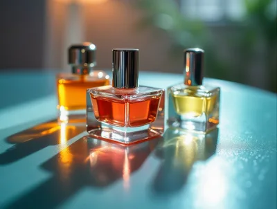 Three Glass Perfume Bottles On A Table