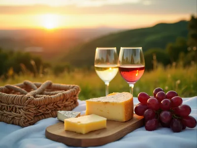 Picnic With Wine Cheese And Grapes At Sunset