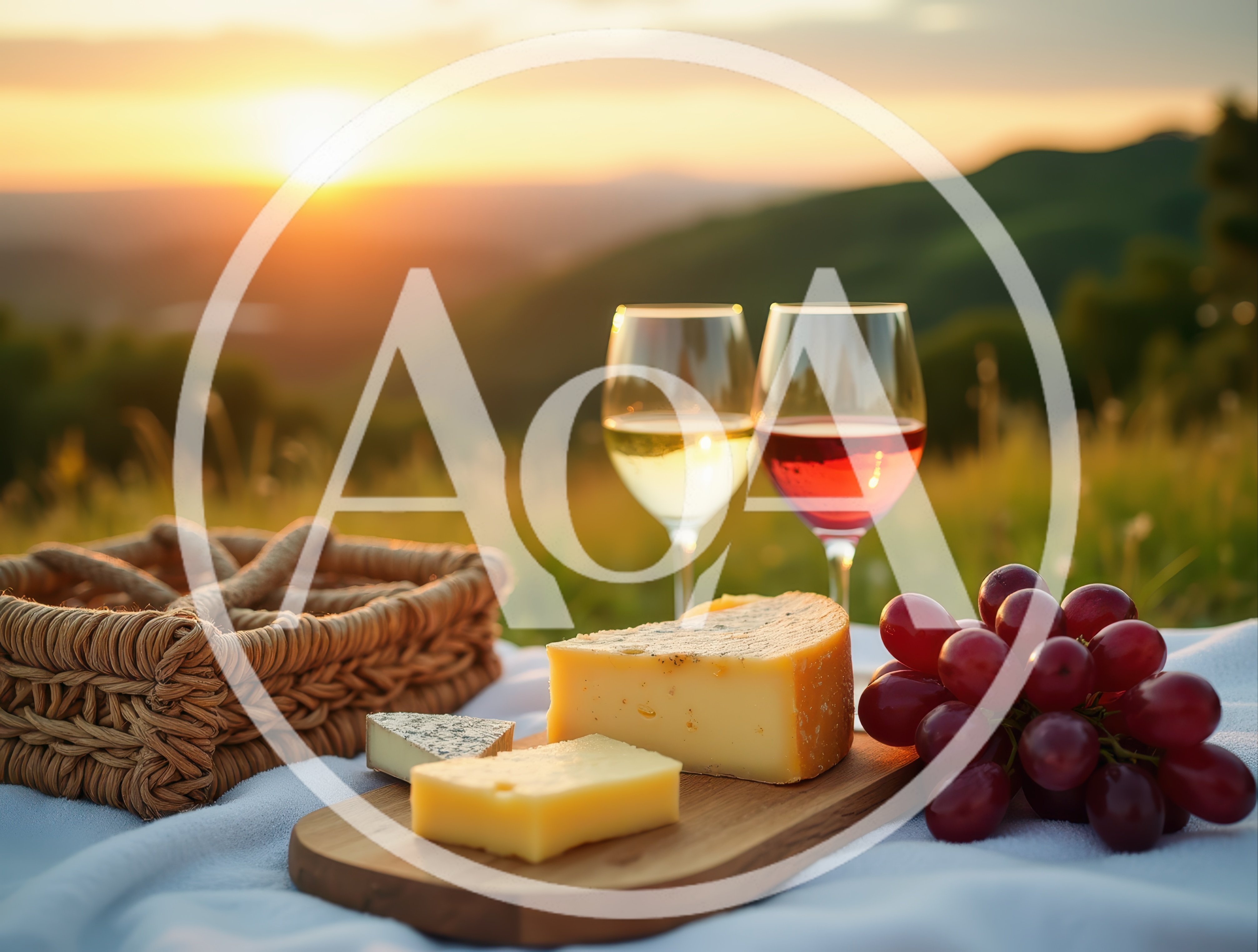 Picnic With Wine Cheese And Grapes At Sunset