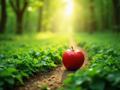 Single Red Apple Resting On A Forest Path