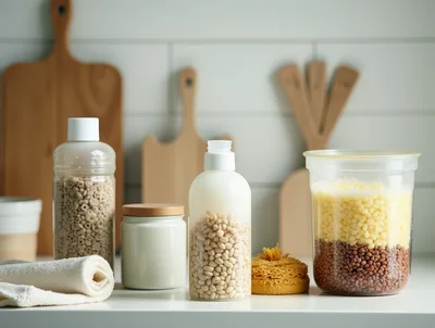Kitchen Countertop With Food Storage Containers And Utensils