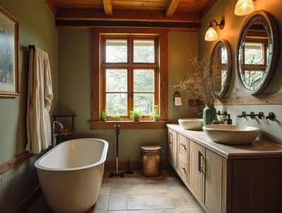 Rustic Bathroom Interior With Freestanding Bathtub And Double Vanity