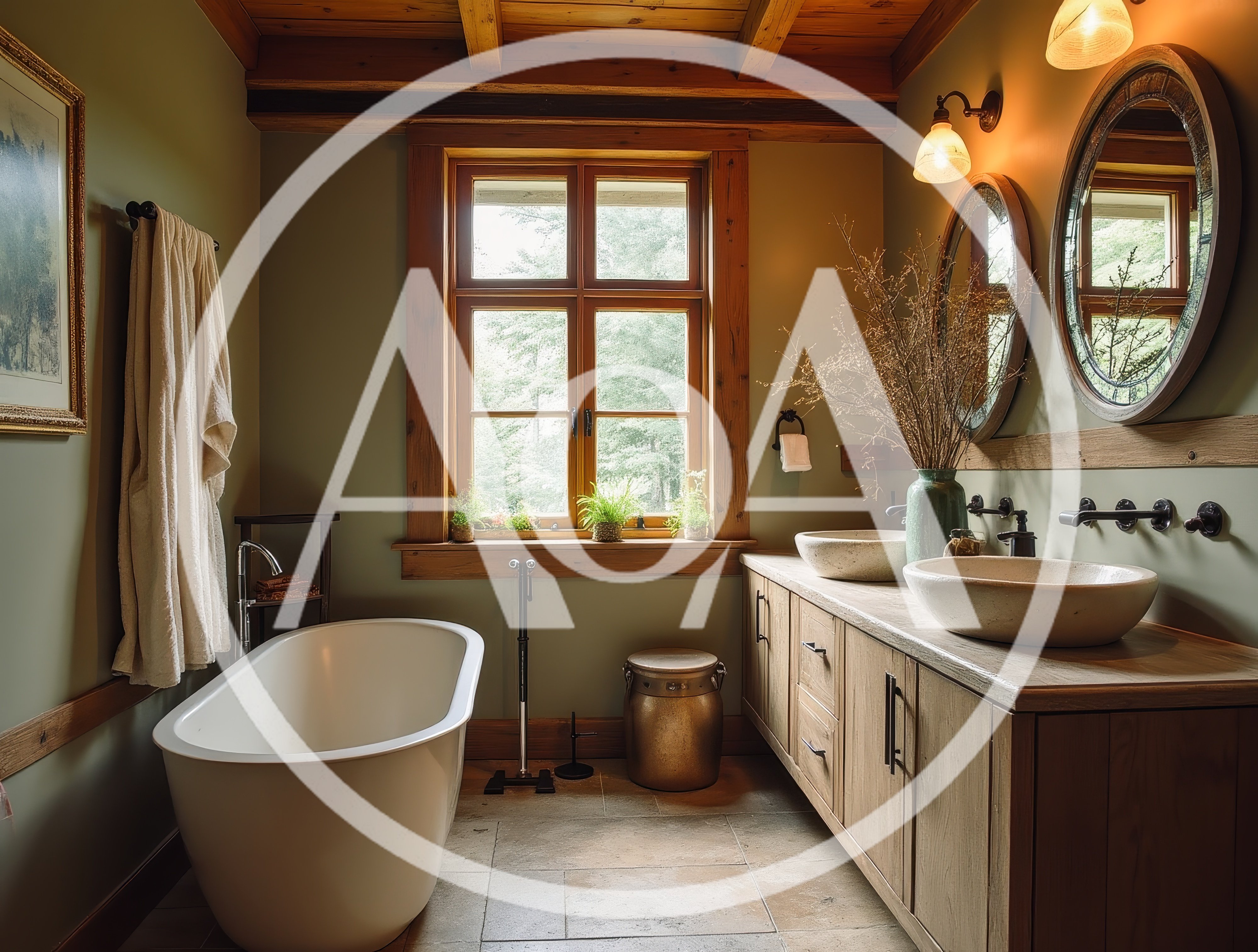 Rustic Bathroom Interior With Freestanding Bathtub And Double Vanity