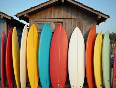 Colorful Surfboards Lined Up Against A Wooden Beach Shack