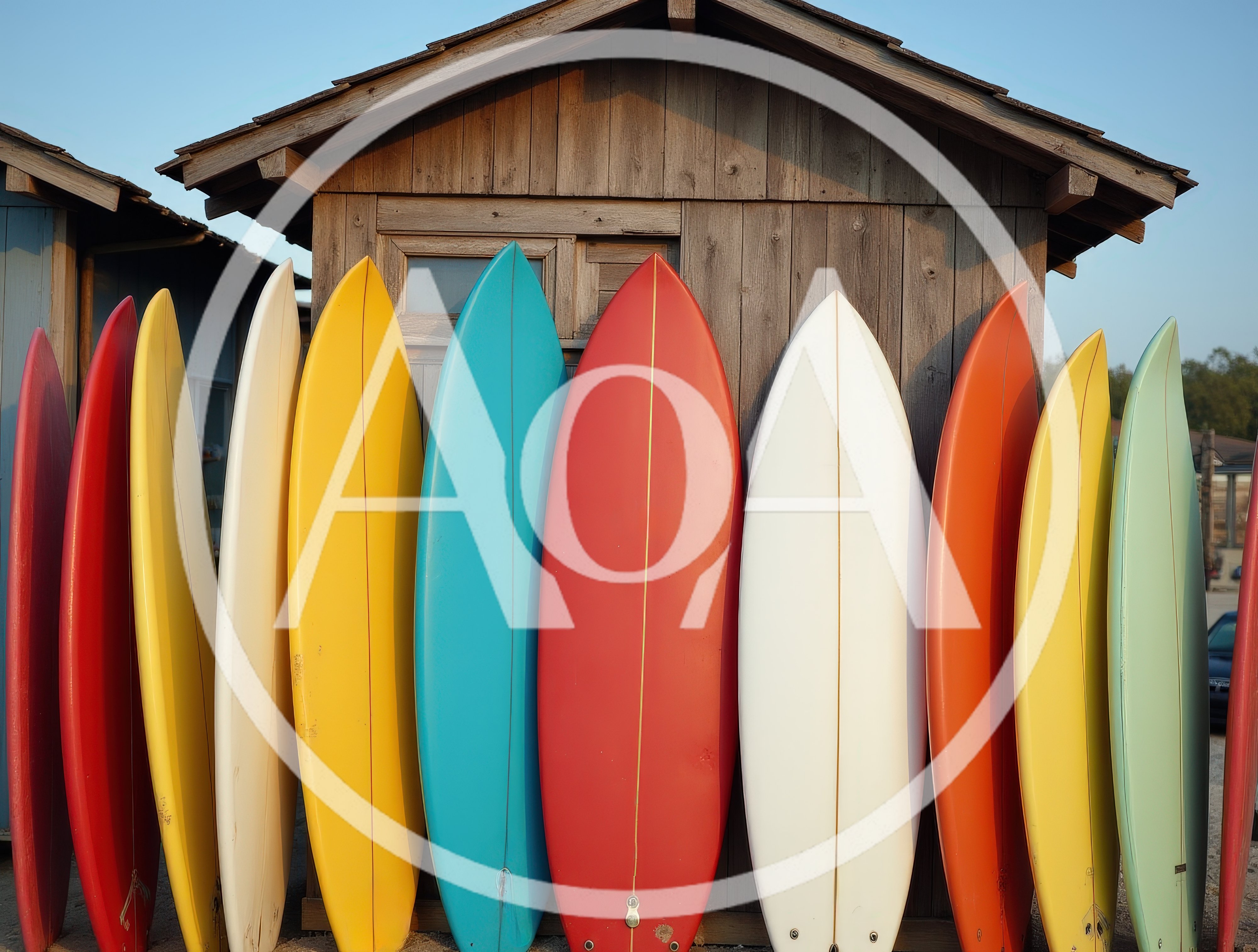 Colorful Surfboards Lined Up Against A Wooden Beach Shack
