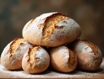 Freshly Baked Artisan Bread Loaves On Wooden Surface