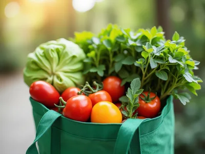 Fresh Vegetables In A Green Reusable Shopping Bag