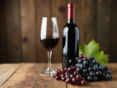 Red Wine Bottle Glass and Grapes on Wooden Table