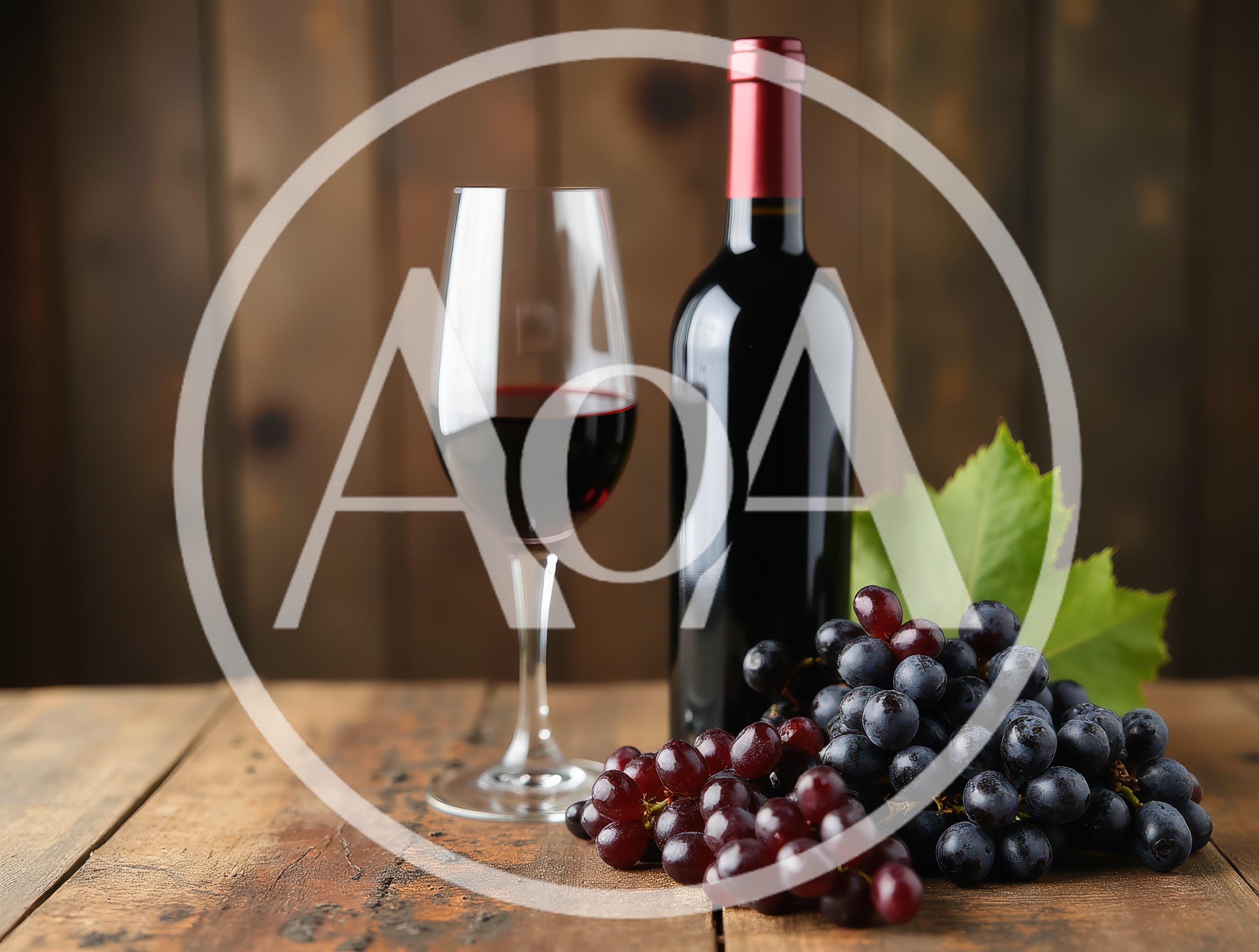 Red Wine Bottle Glass and Grapes on Wooden Table