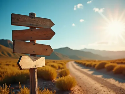 Wooden Directional Signpost on a Desert Road