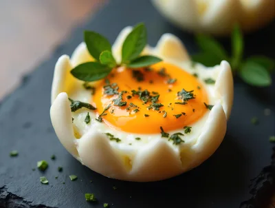 Hard Boiled Egg Flower Garnish on Slate