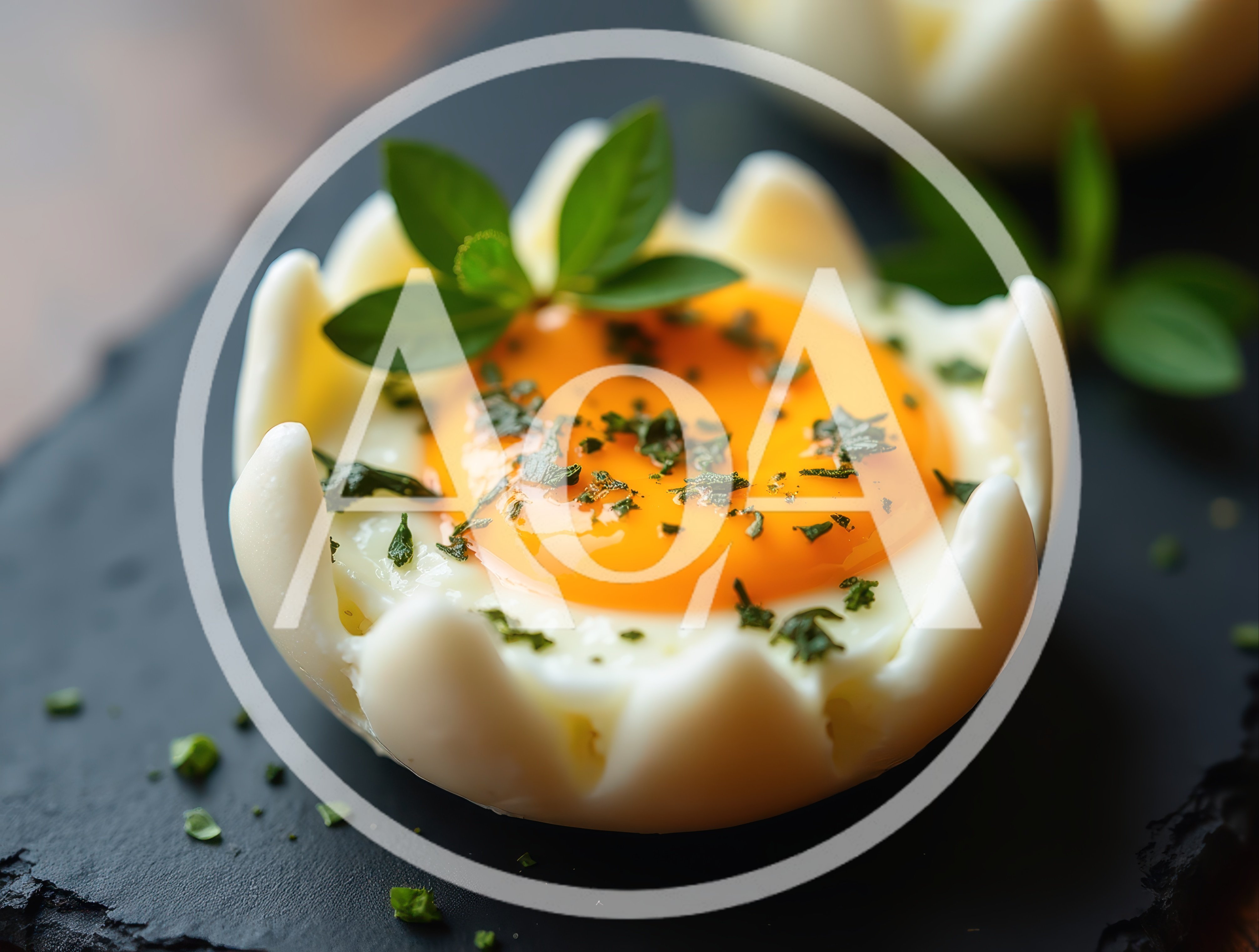 Hard Boiled Egg Flower Garnish on Slate