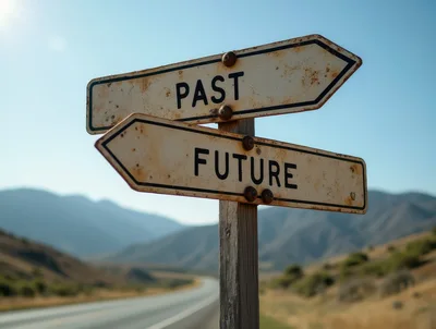 Weathered Road Sign Pointing Toward Past And Future
