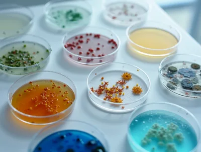 Laboratory Petri Dishes With Various Microbial Cultures