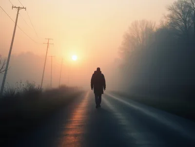 Lone Person Walking Down A Foggy Country Road