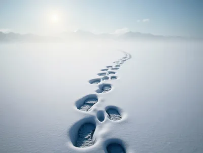 Footprints Leading Into A Misty Snowy Landscape