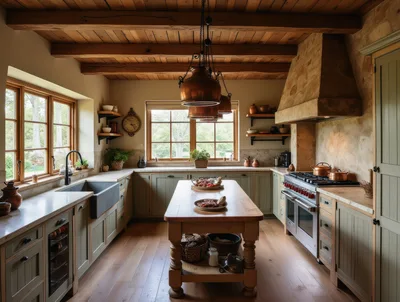 Rustic Farmhouse Kitchen With Wooden Beams And Island