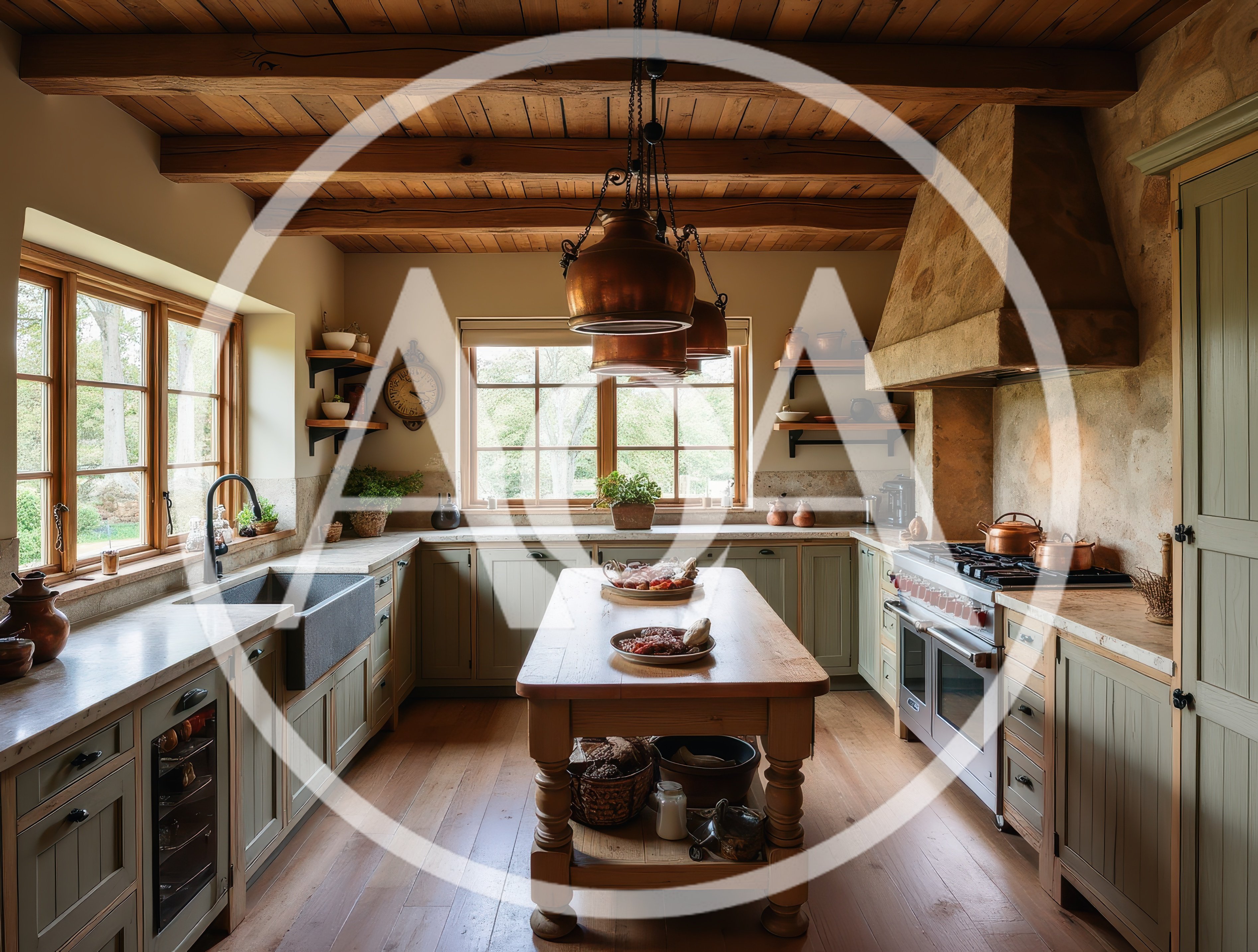 Rustic Farmhouse Kitchen With Wooden Beams And Island