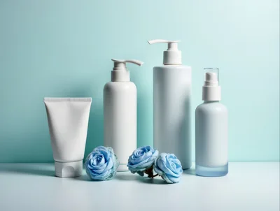 Skincare Product Bottles With Blue Roses