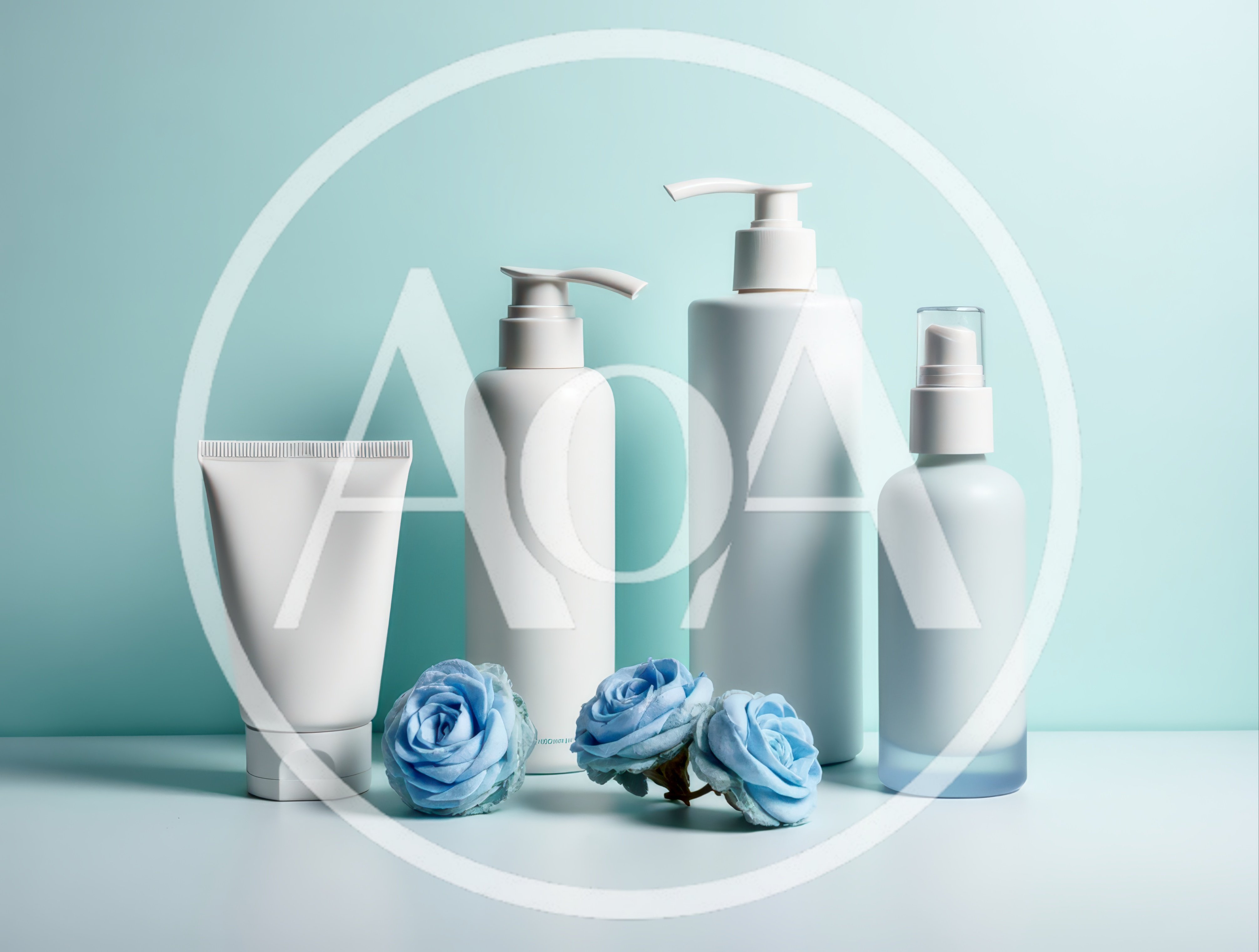 Skincare Product Bottles With Blue Roses